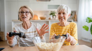 İki son sınıf beyaz kadın arkadaş ya da kız kardeş mutlu yaşlı kardeşler oyun konsolu oyunu oynayan emekli oyun konsolu kullanan evde otururken gerçek insanların gerçek eğlence konsepti olan uzay kopyası.