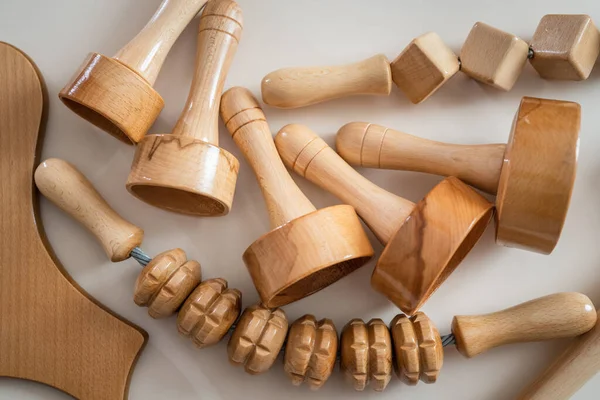 Wood Massage Maderotherapy Madero Therapy Wooden Rolling Pin Battledore Tools — Stock Photo, Image