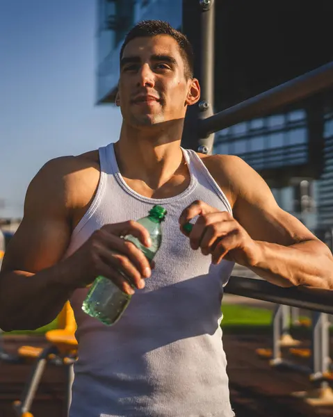 One Man Caucasian Male Athlete Hold Plastic Bottle Water Opening — Stock Photo, Image