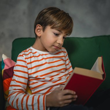Evdeki beyaz bir çocuk akşam manzaralı bir kitap okudu. Gerçek insanların eğitim konseptini kopyaladı.