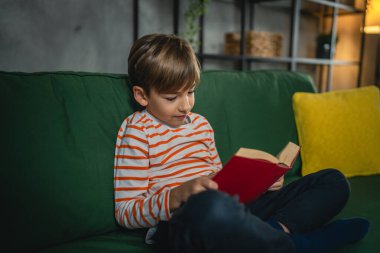Evdeki beyaz bir çocuk akşam manzaralı bir kitap okudu. Gerçek insanların eğitim konseptini kopyaladı.