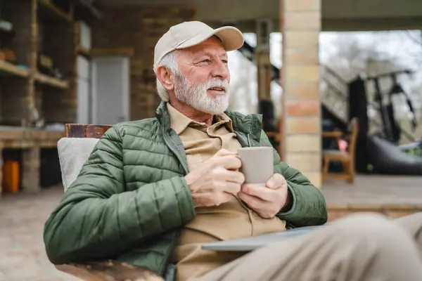 One Senior Man Sit Outdoor Autumn Day Hold Cup Coffee — Stock Photo, Image