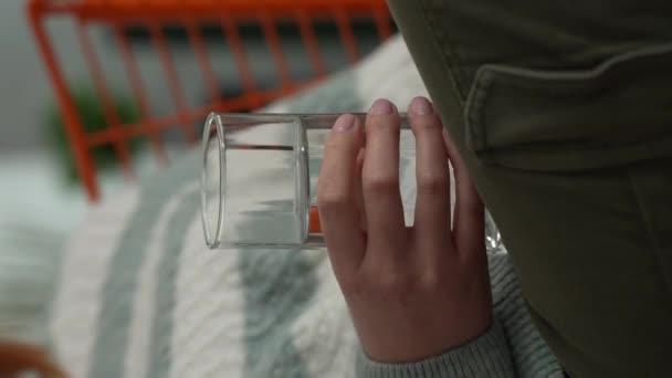 Close Hand Caucasian Woman Take Glass Water Home — Αρχείο Βίντεο