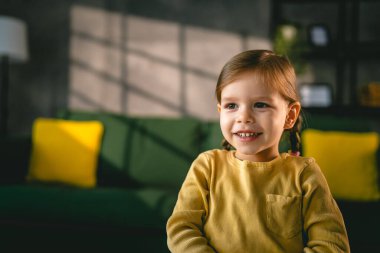 portrait of small caucasian girl two years old toddler at home