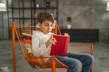 Kafkasyalı bir çocuk, yedi yaşında bir çocuk evde kitap okuyor.