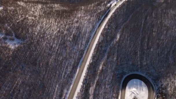 Car Drive Snow Winter Day Road Snow Aerial View Serbia — Stock Video
