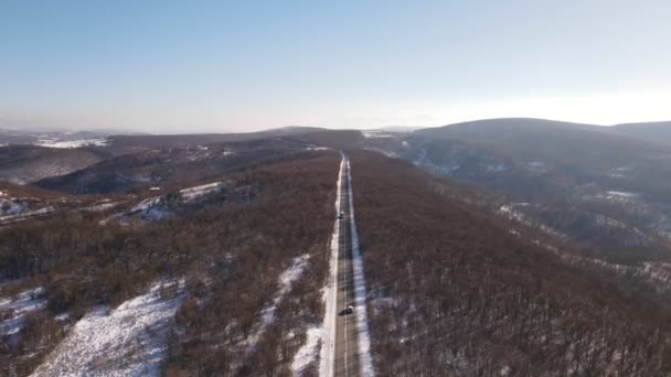 Van Pohon Sněhu Zimní Den Silnici Horské Rozmezí Letecký Pohled — Stock video