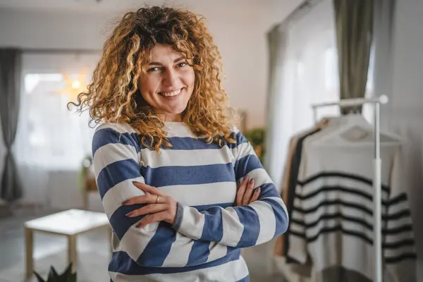 stock image Portrait of adult caucasian woman with curly hair at home happy smile