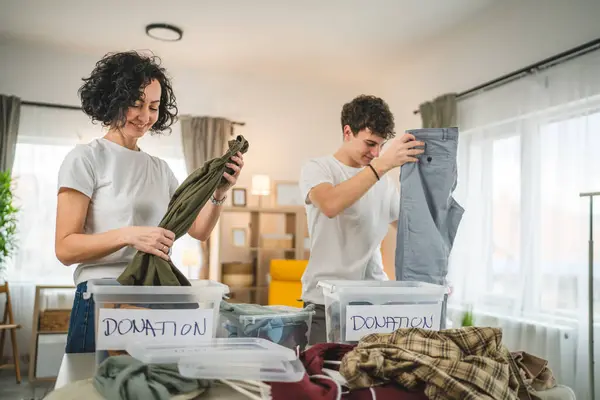 Mother Son Stand Home Choose Clothes Donation Teenage Mad Caucasian — Stock Photo, Image