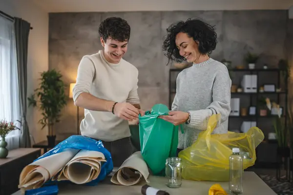 Mother Son Woman Teenage Man Family Recycle Home Sorting Waste — Stock Photo, Image