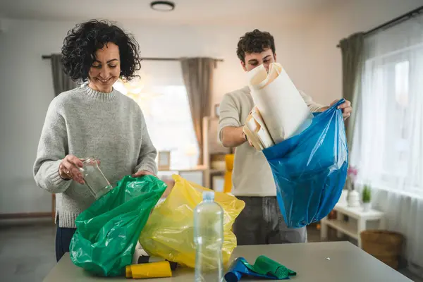 Mother Son Woman Teenage Man Family Recycle Home Sorting Waste — Stock Photo, Image