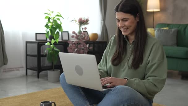 One Young Woman Use Laptop Computer Home While Sit Comfortable — Video Stock