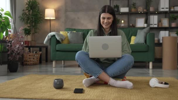 One Young Woman Use Laptop Computer Home While Sit Comfortable — Stock video
