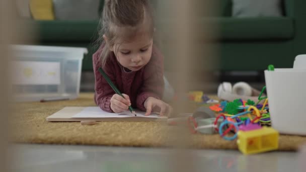 ワンガールの慎重な幼児はペンで家のドローで床で遊びます — ストック動画