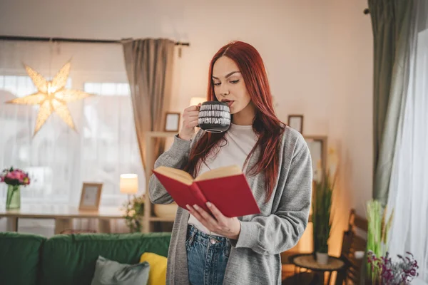 Young Adult Woman One Female Student Read Book Study Home — Stock Photo, Image