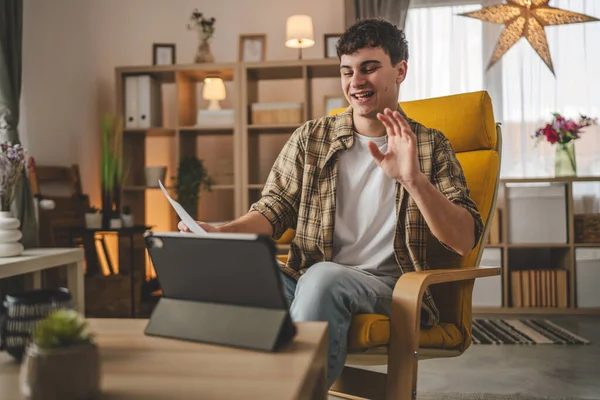 Young Man Caucasian Teenager Sit Home Use Digital Tablet Show — Stock Photo, Image
