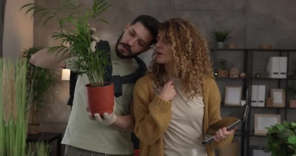 カップル 慎重な男と女性の妻と夫は一緒に家植物の世話をする花を植える 本当の人々 家庭生活 家族の概念 ゆっくり動き — ストック動画