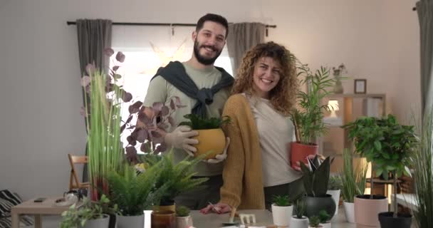 カップル 慎重な男と女性の妻と夫は一緒に家植物の世話をする花を植える 本当の人々 家庭生活 家族の概念 ゆっくり動き — ストック動画
