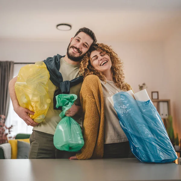 Husband Wife Woman Man Family Recycle Home Sorting Waste Plastic — Stock Photo, Image