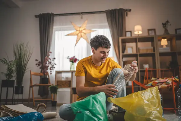 One Man Young Adult Recycle Home Sort Waste Plastic Paper — Stock Photo, Image