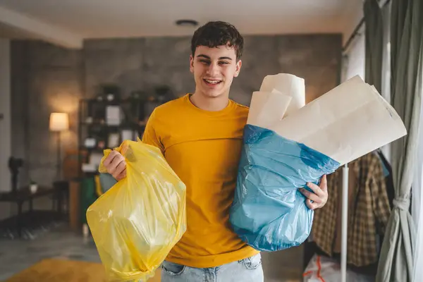 One Man Young Adult Recycle Home Sort Waste Plastic Paper — Stock Photo, Image