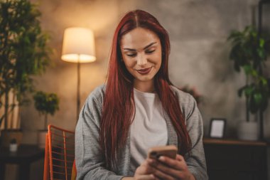 Evde genç bir kadın cep telefonu mesajlaşması kullanıyor ya da internette geziniyor