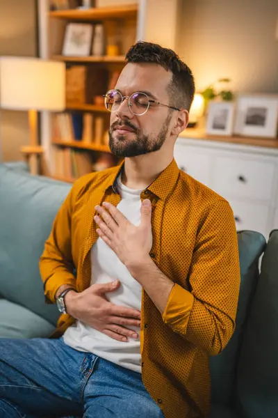 Man Caucasian Male Practice Guided Meditation Yoga Self Care Home — Stock Photo, Image