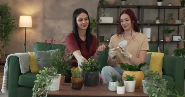 Duas Mulheres Caucasianas Amigos Irmãs Plantar Flores Juntos Cuidando Plantas — Vídeo de Stock