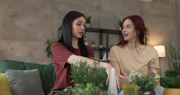 Dos Mujeres Caucásicas Amigas Hermanas Plantan Flores Juntas Cuidando Las — Vídeos de Stock
