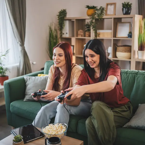 Kafkasyalı iki genç kadın arkadaş veya kız kardeş konsol video oyunu oynuyorlar