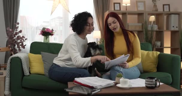 Två Kvinnor Unga Kaukasiska Kvinnliga Student Sitta Hemma Med Sin — Stockvideo