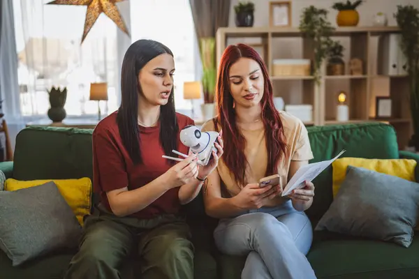 Two Women Sisters Friends Roommates Home Apartment Connect Install Cctv — Stock Photo, Image