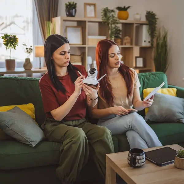 two women sisters or friends roommates at home apartment connect and install cctv security surveillance camera