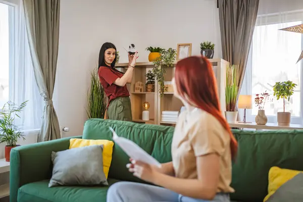 Two Women Sisters Friends Roommates Home Apartment Connect Install Cctv — Stock Photo, Image