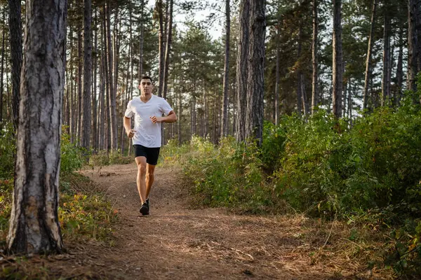 Ein Mann Junge Kaukasische Männliche Sportler Die Durch Die Wälder — Stockfoto