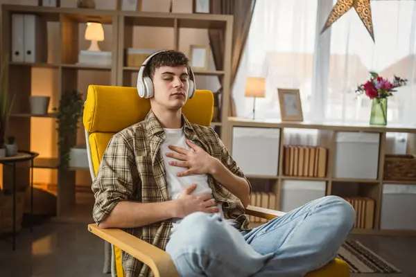 One Teen Man Doing Guided Meditation Yoga Self Care Practice — Stock Photo, Image