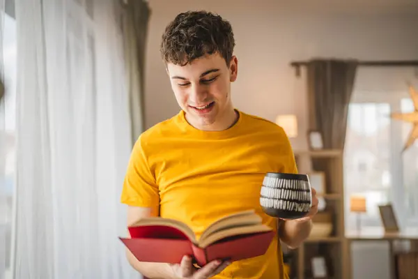 Young Man Caucasian Teenager Read Book Study Home Education Concept — Stock Photo, Image