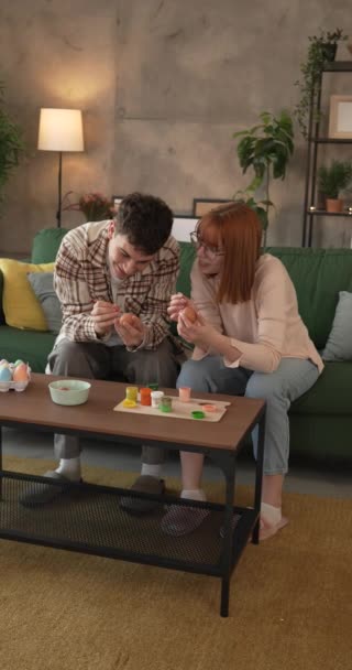 Young Man Woman Couple Brother Sister Paint Easter Eggs — Stock Video