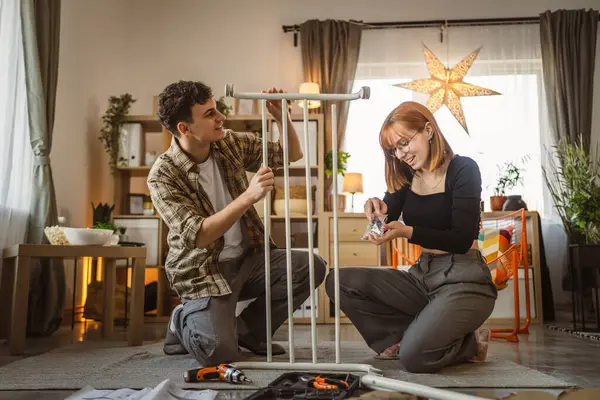 Man Woman Couple Brother Sister Put Together Assembly Furniture Install — Stock Photo, Image