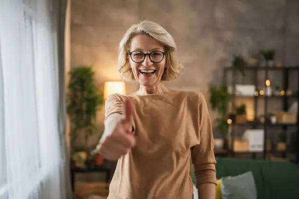 Portrait One Mature Blonde Caucasian Woman Eyeglasses Home — Stock Photo, Image