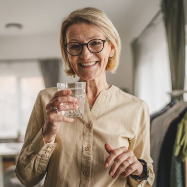 Yetişkin bir kadının portresi. Evde bir bardak su tutuyor.