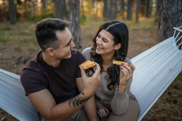 Couple Adult Man Woman Love Eat Waffle Nature Park Woods — Stock Photo, Image