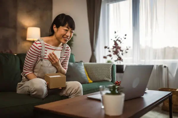 One Mature Japanese Woman Open Box Presents Read Card While — Stock Photo, Image