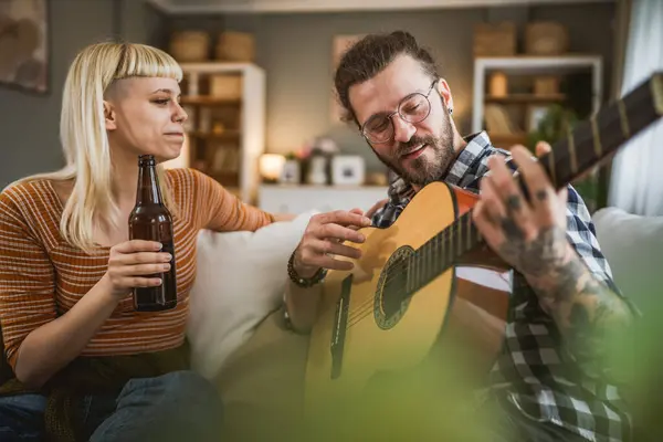 Adult Couple Enjoy Home Play Guitar Drink Beer Happy Together — Stock Photo, Image