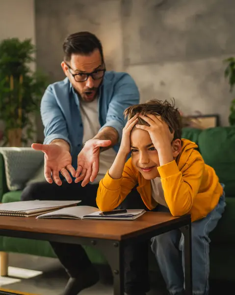 Exhausted Father Help Son Finish His Homework While Son Have — Stock Photo, Image