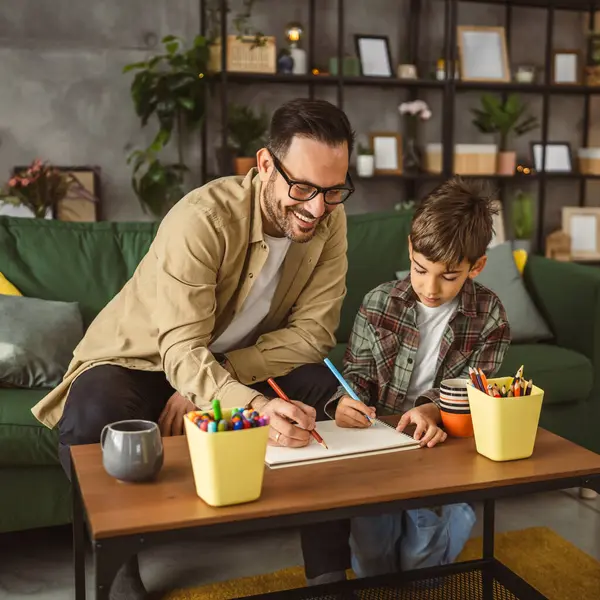 Father Eyeglasses Son Caucasian Draw Paint Together Home Leisure Activity Imagen De Stock