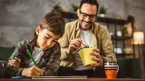Father Eyeglasses Son Caucasian Draw Paint Together Home Leisure Activity Stock Image