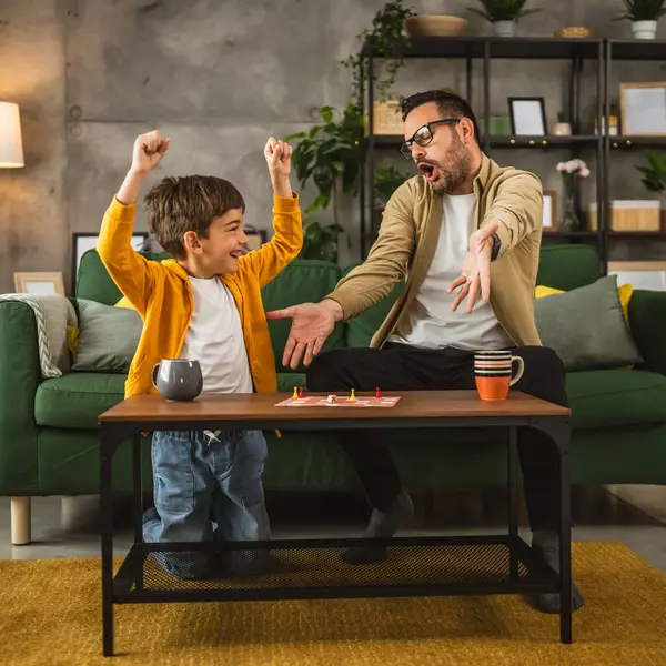 Father Eyeglasses Son Caucasian Play Board Game Together Father Angry Stock Photo