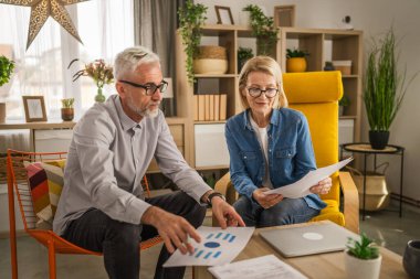 Olgun yaşlı çift karı koca birlikte çalışırlar. Evlerinde birlikte çalışırlar. Erkek ve kadın belgelere bakar ve konuşurlar.