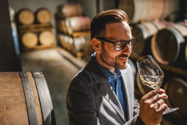 Yetişkin şarap üreticisi, şarap bardağını tutuyor ve şarap içiyor. Bodrum katındaki varillerin arasında durup beyaz şarap yapıyor.